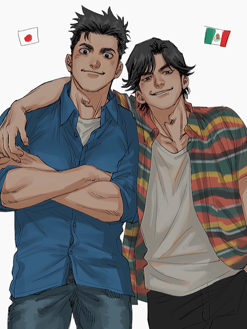 2boys, adam's_apple, arm_around_shoulder, black_hair, black_pants, black_shirt, blue_giant, character_request