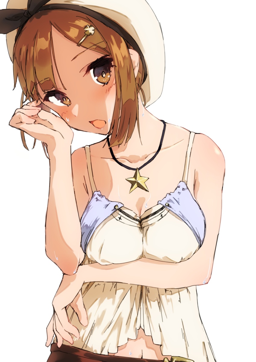 1girl, arm_under_breasts, atelier_(series), atelier_ryza, atelier_ryza_1, bare_arms, bare_shoulders, belt