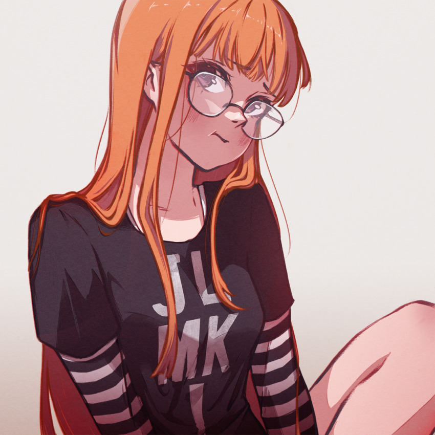1girl, :t, black_shirt, blush, breasts, closed_mouth, glasses, long_sleeves