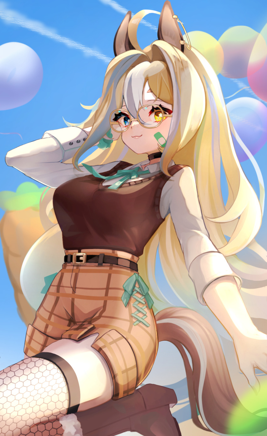 1girl, ahoge, akimoto8, animal_ears, balloon, bandaid, bandaid_on_cheek, bandaid_on_face