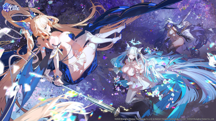 3girls, absurdly_long_hair, absurdres, ass, azur_lane, blonde_hair, blue_eyes, bois_belleau_(azur_lane), breasts, cleavage, duquesne_(azur_lane), floating, floating_hair, full_body, hair_between_eyes, hair_spread_out, highres, holding, holding_polearm, holding_weapon, large_breasts, long_hair, massena_(azur_lane), mole, mole_under_eye, multiple_girls, official_art, open_mouth, pointy_ears, polearm, purple_hair, red_eyes, second-party_source, sideboob, thighs, twintails, very_long_hair, weapon, white_hair