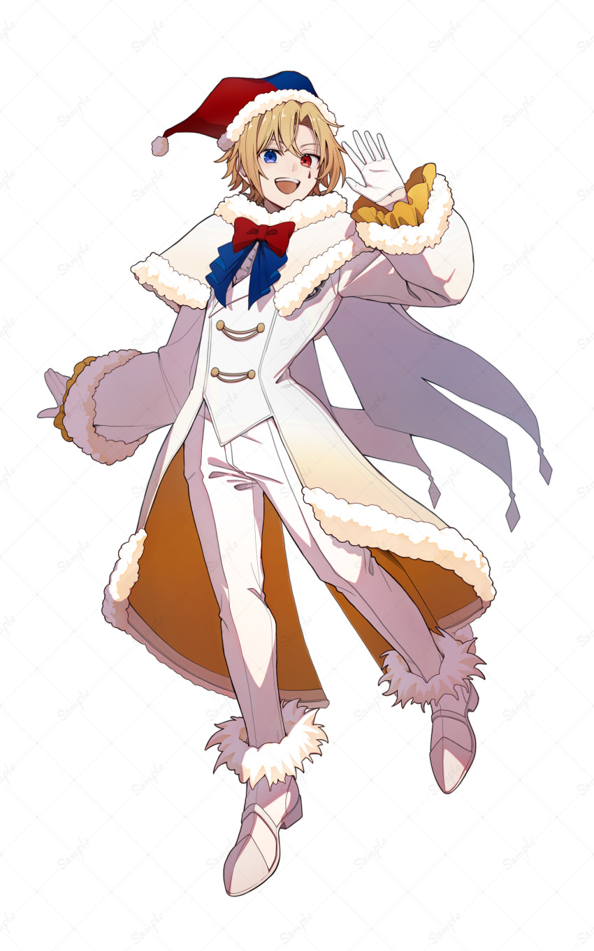 1boy, :d, absurdres, ankle_boots, aoto_(doll's_requiem), blonde_hair, blue_eyes, blue_hat, boots, bow, bowtie, buttons, capelet, coat, curtained_hair, doll's_requiem, double-breasted, facial_mark, frilled_sleeves, frills, full_body, fur-trimmed_boots, fur-trimmed_capelet, fur-trimmed_coat, fur-trimmed_headwear, fur-trimmed_sleeves, fur_trim, gloves, gradient_coat, half_gloves, hat, heterochromia, highres, jester_cap, kitsunebi_v3kokonn, long_sleeves, looking_at_viewer, male_focus, official_art, open_mouth, pants, parted_bangs, pom_pom_(clothes), red_bow, red_bowtie, red_eyes, red_hat, short_hair, simple_background, smile, solo, standing, standing_on_one_leg, teardrop_facial_mark, teeth, two-sided_coat, two-sided_fabric, two-tone_hat, upper_teeth_only, waving, white_background, white_boots, white_capelet, white_coat, white_gloves, white_pants, yellow_coat