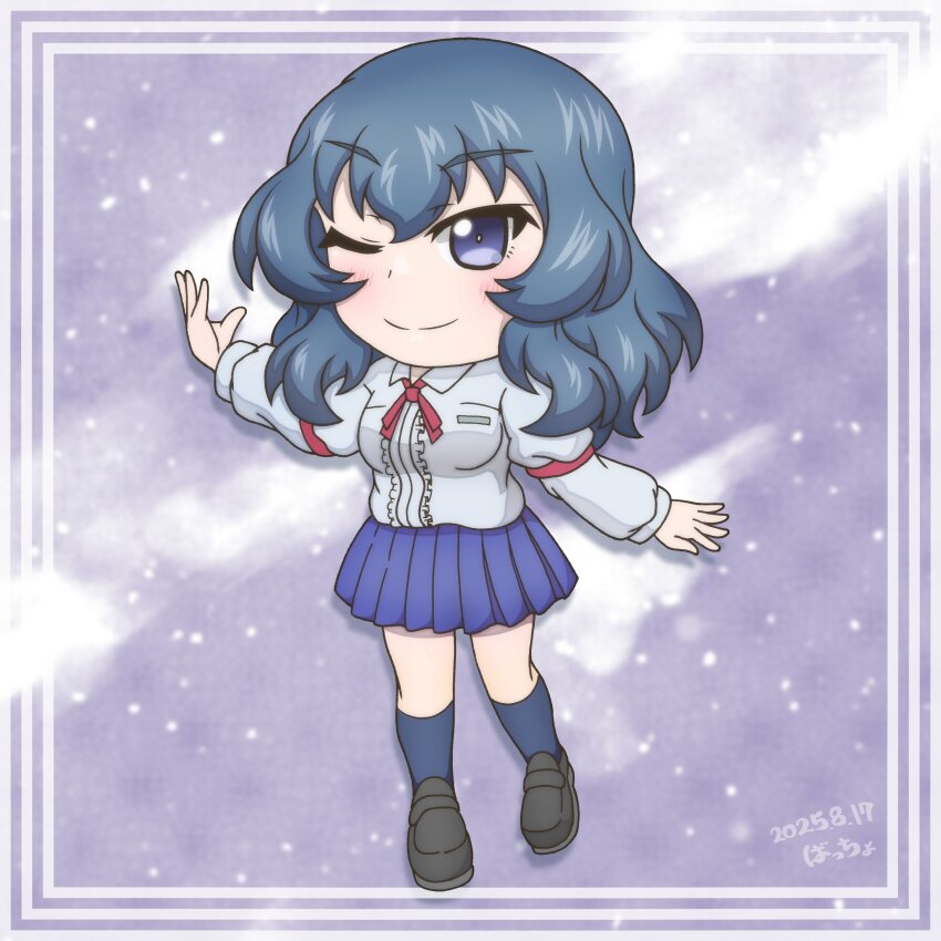 1girl, absurdres, black_shoes, blue_eyes, blue_hair, blue_skirt, blue_socks, blush