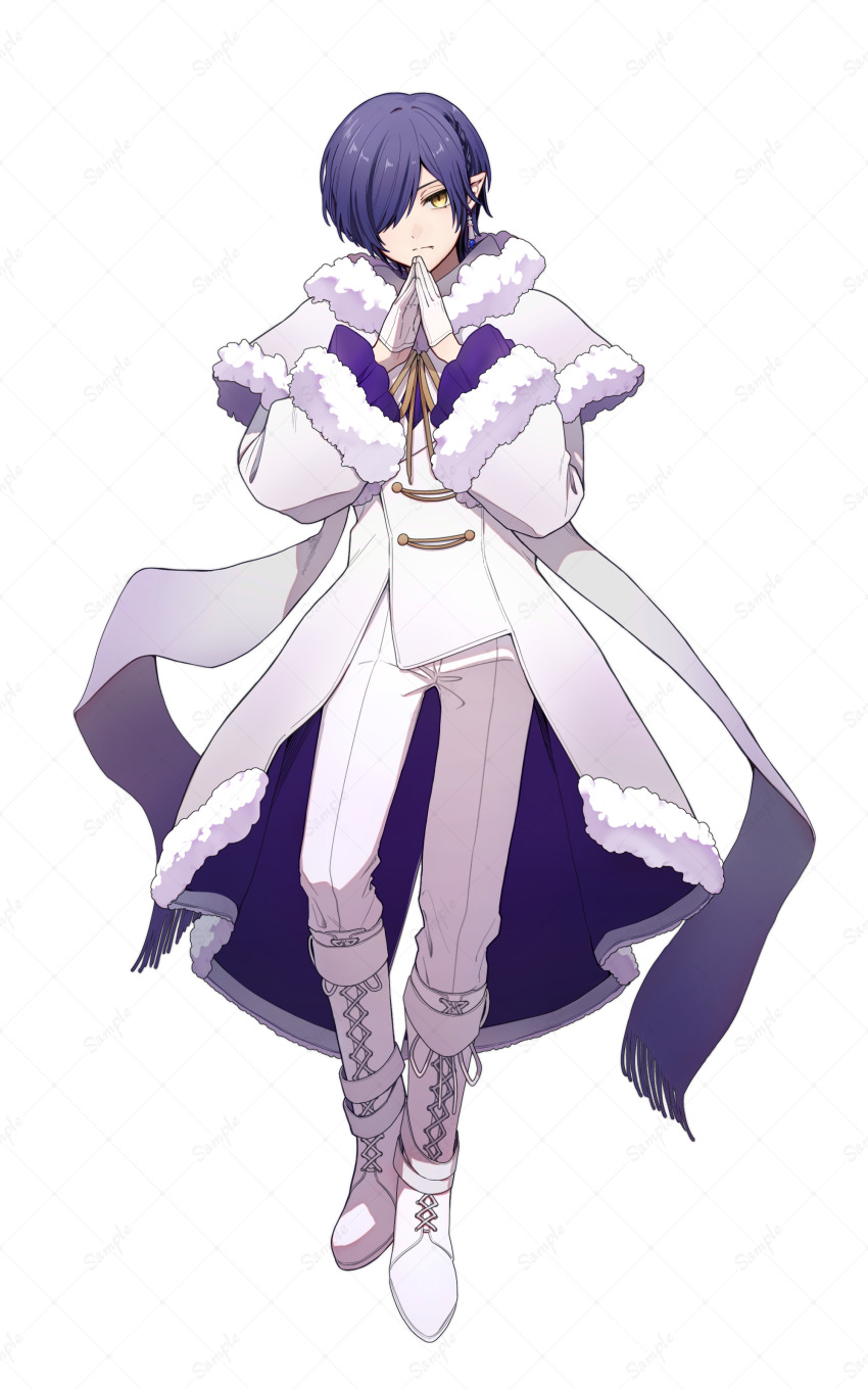 1boy, :|, absurdres, boots, braid, buttons, capelet, chess_piece_earrings