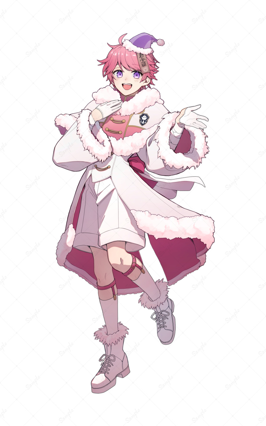 1boy, :d, absurdres, ahoge, ankle_boots, bandaged_arm, bandages, beckoning, bell_sleeves, boots, buttons, capelet, coat, doll's_requiem, double-breasted, full_body, fur-trimmed_boots, fur-trimmed_capelet, fur-trimmed_coat, fur-trimmed_headwear, fur-trimmed_sleeves, fur_trim, gloves, gradient_coat, half_gloves, hand_on_own_chest, hat, highres, kitsunebi_v3kokonn, lace-up_boots, legwear_garter, light_blush, long_sleeves, male_focus, misora_(doll's_requiem), official_art, open_mouth, pink_capelet, pink_coat, pink_hair, purple_eyes, purple_hat, santa_hat, short_hair, shorts, simple_background, smile, socks, solo, standing, standing_on_one_leg, swept_bangs, talisman, two-sided_coat, two-sided_fabric, two-tone_capelet, white_background, white_boots, white_capelet, white_coat, white_gloves, white_shorts, white_socks