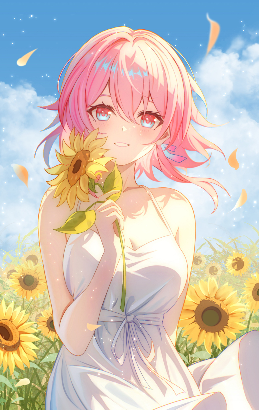 1girl, alternate_costume, arm_behind_back, bare_shoulders, blue_eyes, blue_sky, breasts, cleavage