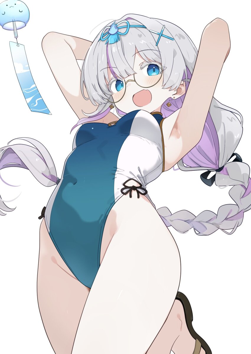 1girl, armpit_focus, armpits, arms_up, blue_eyes, blue_one-piece_swimsuit, braid, breasts