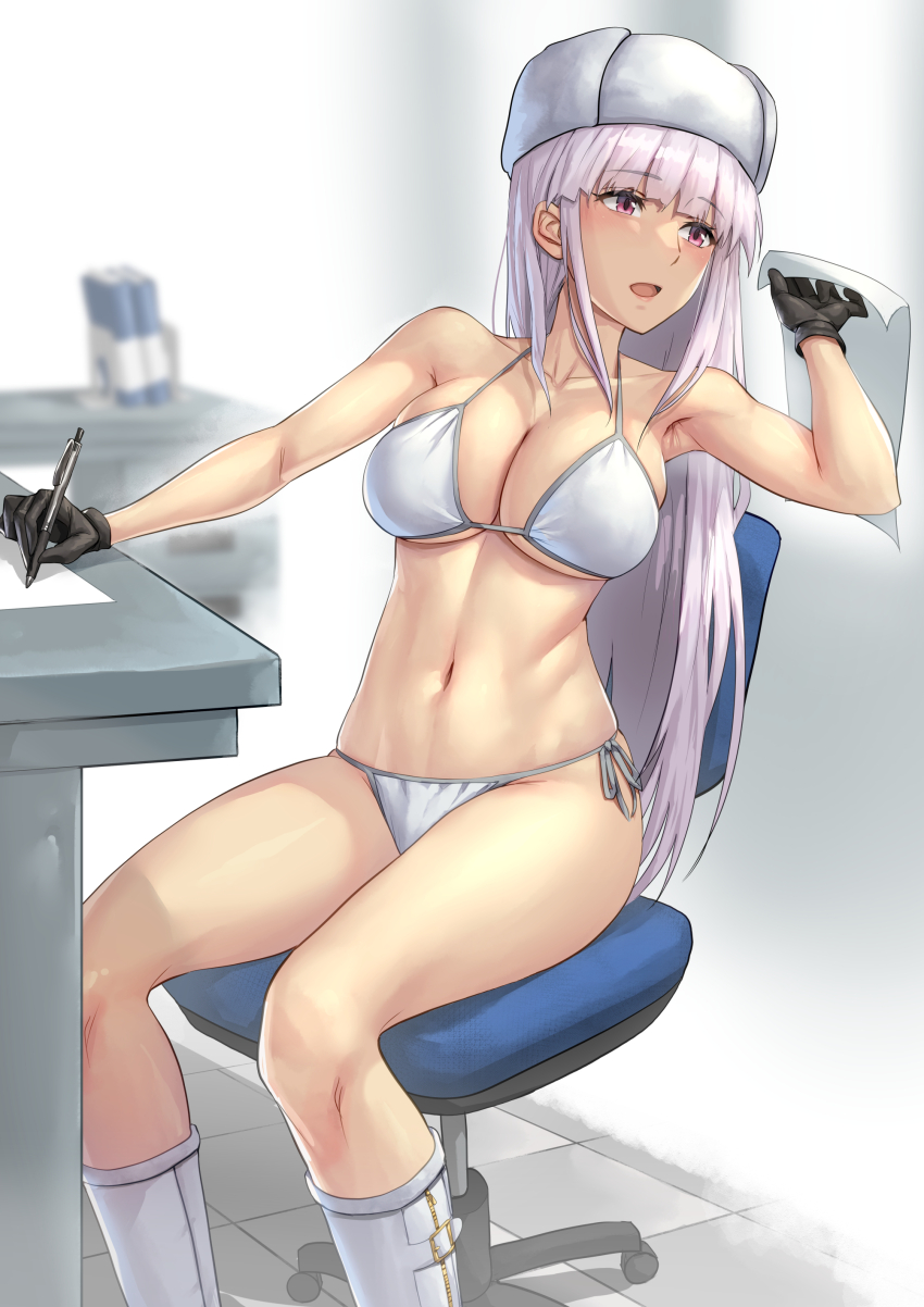 1girl, absurdres, akesaka_satomi, armpits, bikini, black_gloves, blunt_bangs, boots