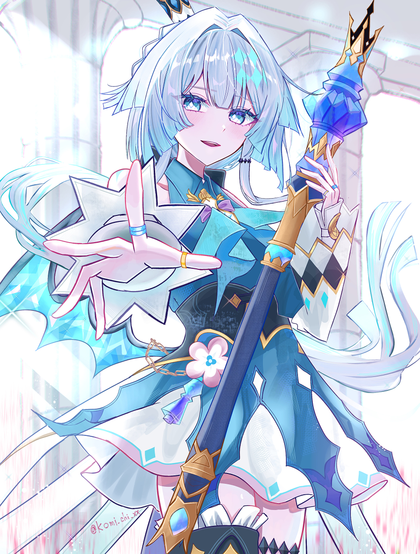 1girl, absurdres, bare_shoulders, blue_dress, blue_eyes, cerydra_(honkai:_star_rail), collared_dress, column