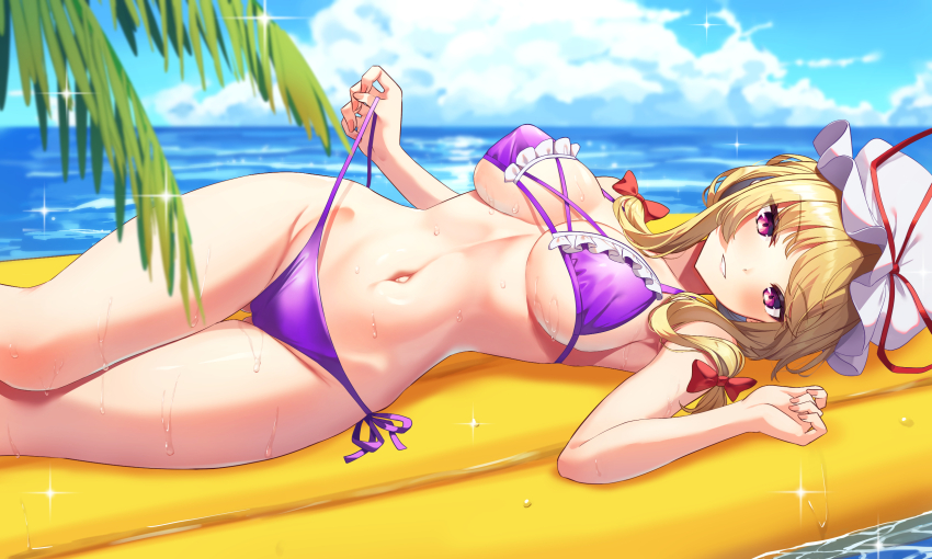 1girl, ambasa, armpits, bikini, blonde_hair, blue_sky, blush, breasts, cloud, hair_ribbon, hat, highres, inflatable_raft, large_breasts, long_hair, looking_at_viewer, lying, midriff, mob_cap, navel, ocean, on_back, on_raft, open_clothes, palm_leaf, purple_bikini, purple_eyes, ribbon, side-tie_bikini_bottom, sky, smile, solo, swimsuit, teeth, touhou, untied_bikini, water, wet, yakumo_yukari
