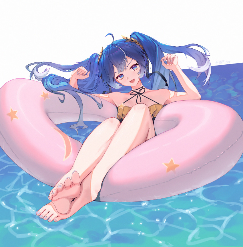 1girl, ahoge, alternate_costume, bare_shoulders, barefoot, blue_eyes, blue_hair, blue_nails, breasts, chinese_commentary, colored_tips, commentary_request, criss-cross_halter, feet, fingernails, halterneck, hands_up, head_wreath, highres, inficer, innertube, iuno_(wuthering_waves), long_hair, looking_at_viewer, multicolored_hair, nail_polish, open_mouth, paid_reward_available, small_breasts, smile, soles, solo, streaked_hair, swim_ring, swimsuit, tacet_mark_(wuthering_waves), toenail_polish, toenails, toes, twintails, wuthering_waves