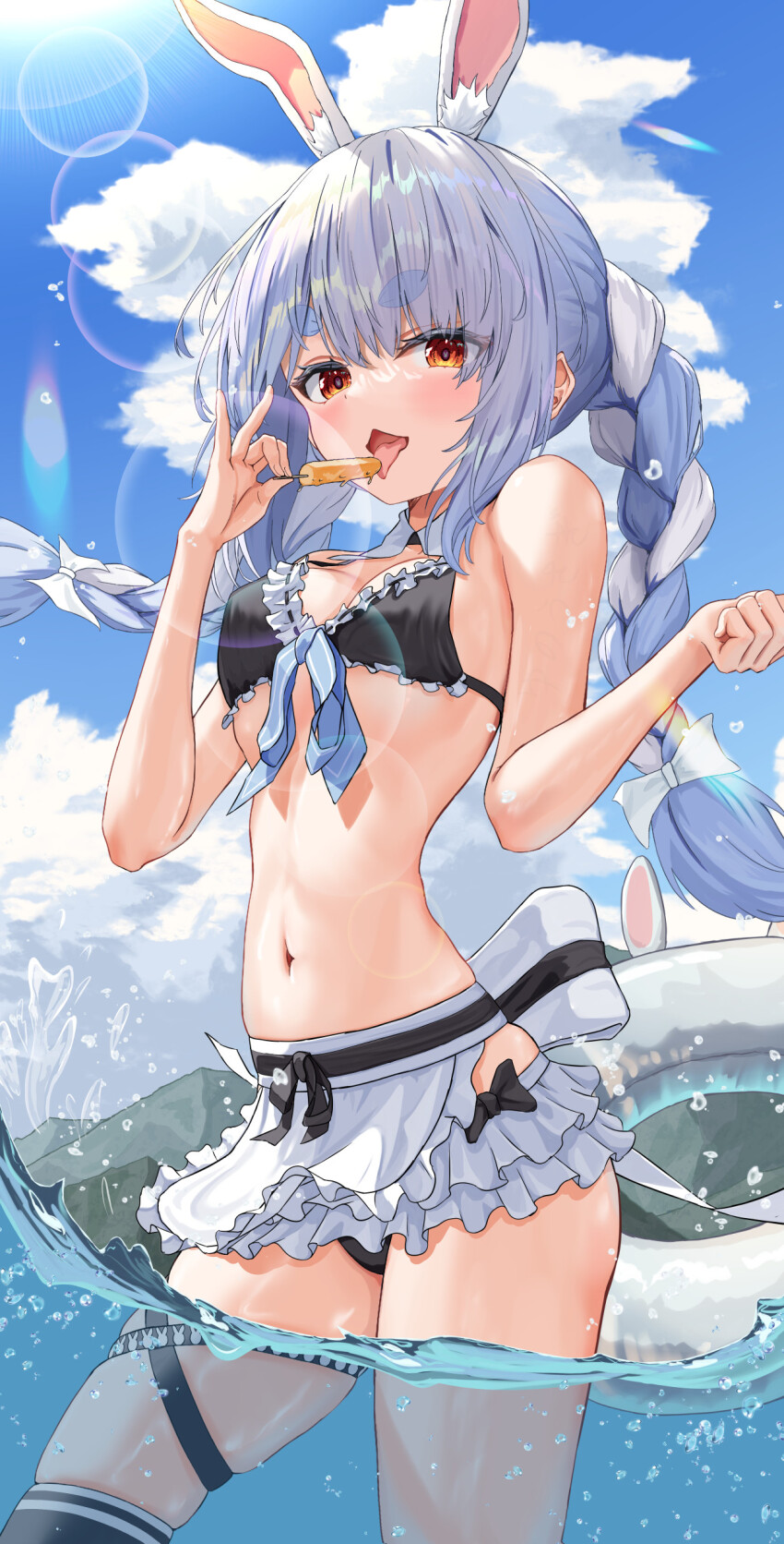 1girl, absurdres, animal_ears, apron, bell, bikini, bikini_skirt, black_bikini