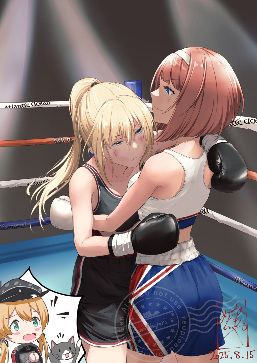 3girls, alternate_hairstyle, ark_royal_(kancolle), bismarck_(kancolle), black_bra, black_gloves, black_shorts, black_sports_bra