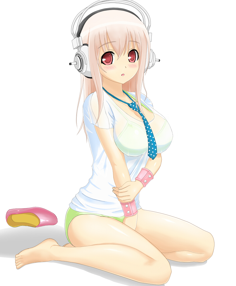 1girl, barefoot, blush, female_focus, green_panties, headphones, jewelry, long_hair, necklace, nitroplus, open_mouth, panties, pink_eyes, pink_hair, sitting, solo, super_freedam, super_sonico, underwear