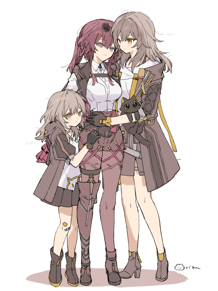 3girls, aged_down, animal, animal_ears, bandaid, bandaid_on_knee, bandaid_on_leg, black-framed_eyewear, black_boots, black_cat, black_choker, black_coat, black_gloves, black_jacket, black_skirt, boots, brown_shorts, butterfly_pin, buttons, cat, cat_ears, cat_tail, child, choker, closed_mouth, coat, collared_shirt, dual_persona, eyewear_on_head, from_side, full_body, gloves, grey_hair, hair_between_eyes, hand_around_waist, hand_on_another's_back, high-waist_shorts, high_heel_boots, high_heels, high_ponytail, highres, holding, holding_animal, honkai:_star_rail, honkai_(series), hood, hooded_coat, jacket, kafka_(honkai:_star_rail), lapels, long_sleeves, looking_at_another, miniskirt, multiple_girls, open_clothes, open_coat, open_jacket, pantyhose, pink_eyes, pocket_watch, ponytail, puffy_long_sleeves, puffy_short_sleeves, puffy_sleeves, purple_gloves, purple_hair, purple_pantyhose, purple_pupils, rizu033, round_eyewear, shadow, shirt, short_sleeves, shorts, sidelocks, signature, simple_background, skirt, smile, spider_web_print, stelle_(honkai:_star_rail), sticker_on_leg, sunglasses, t-shirt, tail, tassel, thigh_strap, trailblazer_(honkai:_star_rail), watch, white_background, white_shirt, yellow_eyes, zipper