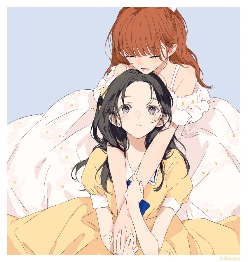 2girls, absurdres, black_hair, dress, grabbing_another's_arm, highres, hug, hug_from_behind