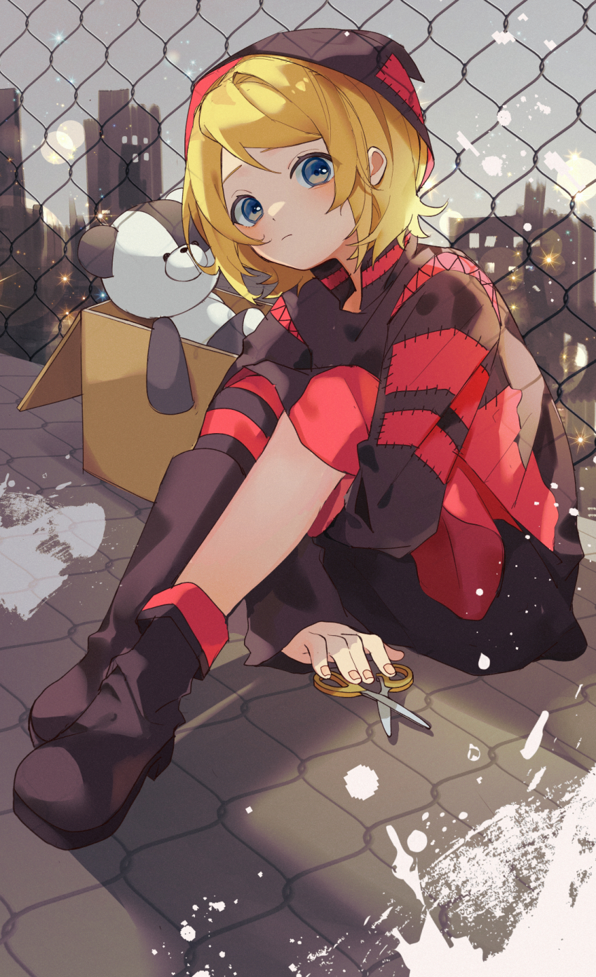 1girl, blonde_hair, blue_eyes, box, closed_mouth, commentary_request, highres, kagamine_rin