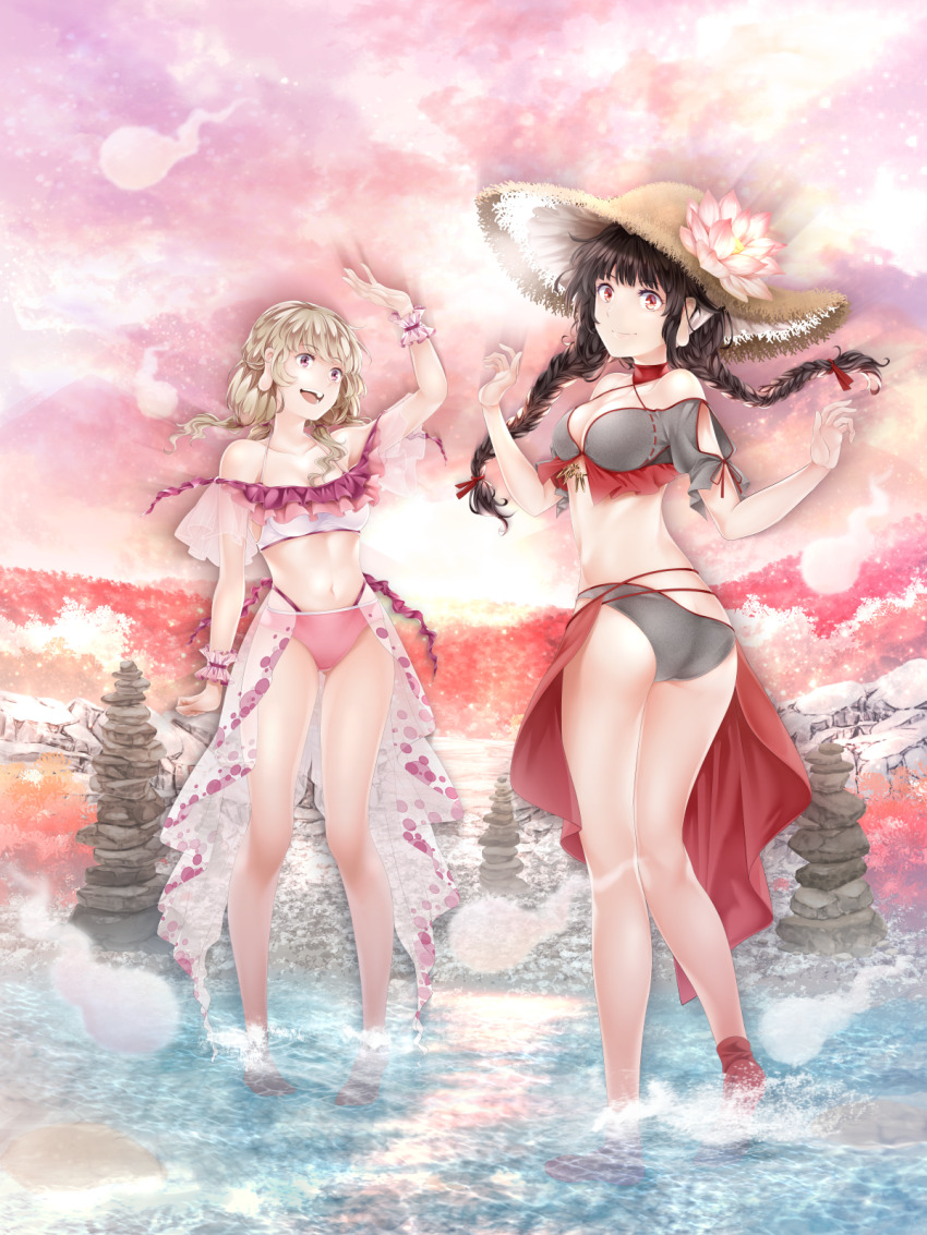 2girls, :d, arkatopia, ass, bikini, black_hair, blonde_hair, braid