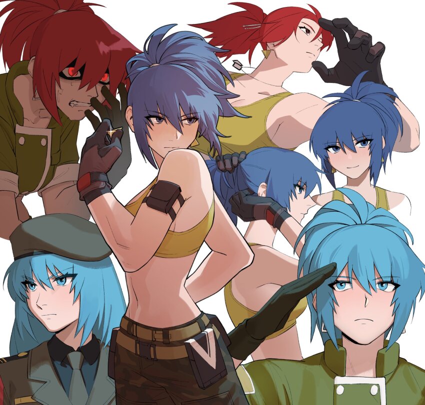 00a3af_231, 1girl, adjusting_hair, arm_pouch, bare_shoulders, beret, blue_eyes, blue_hair