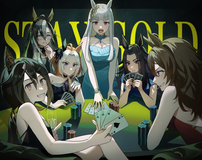 6+girls, ahoge, animal_ears, bare_shoulders, black_choker, black_dress, black_hair, black_shirt