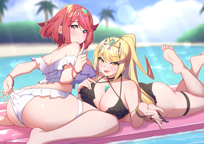 2girls, alternate_costume, bikini, blonde_hair, breasts, highres, large_breasts, multiple_girls