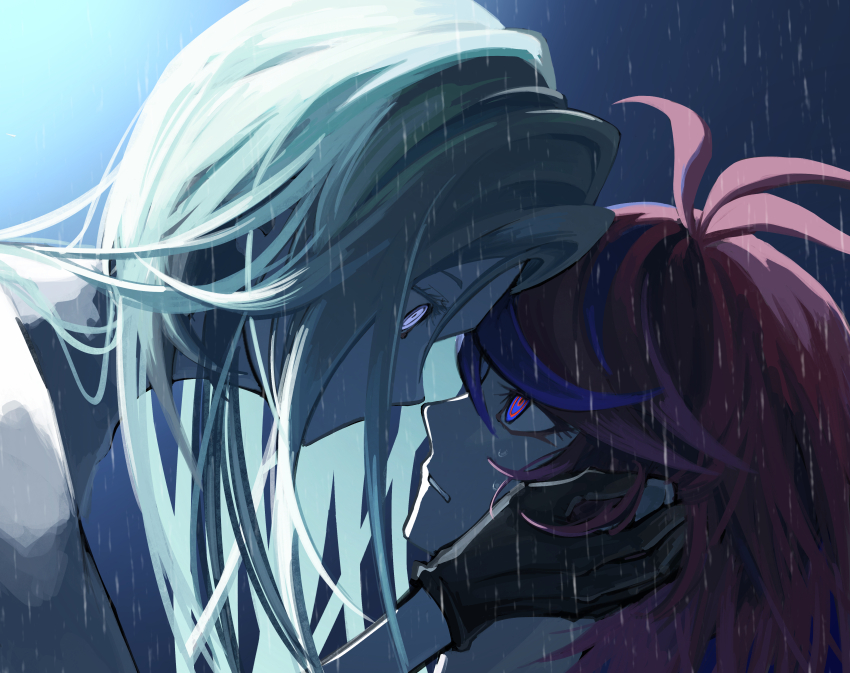 2girls, absurdres, aestro_111, ahoge, aotsuki_eito, black_gloves, black_streaks, blue_eyes