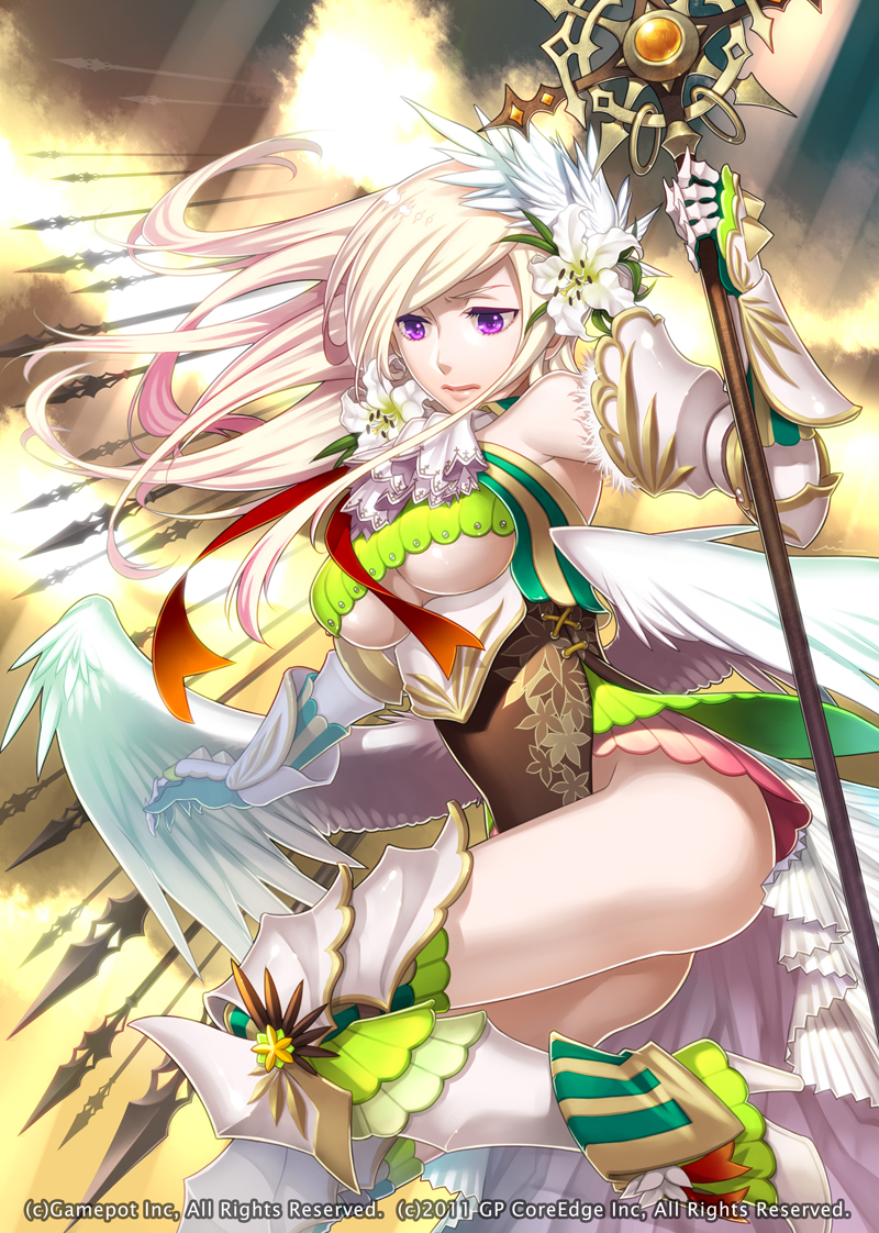 1girl, alteil_ii, armor, blonde_hair, boots, breasts, character_request, fantasy, female_focus, flower, hair_flower, hair_ornament, large_breasts, long_hair, low_wings, miogrobin, no_panties, polearm, purple_eyes, solo, spear, thigh_boots, thighhighs, underboob, weapon, wings
