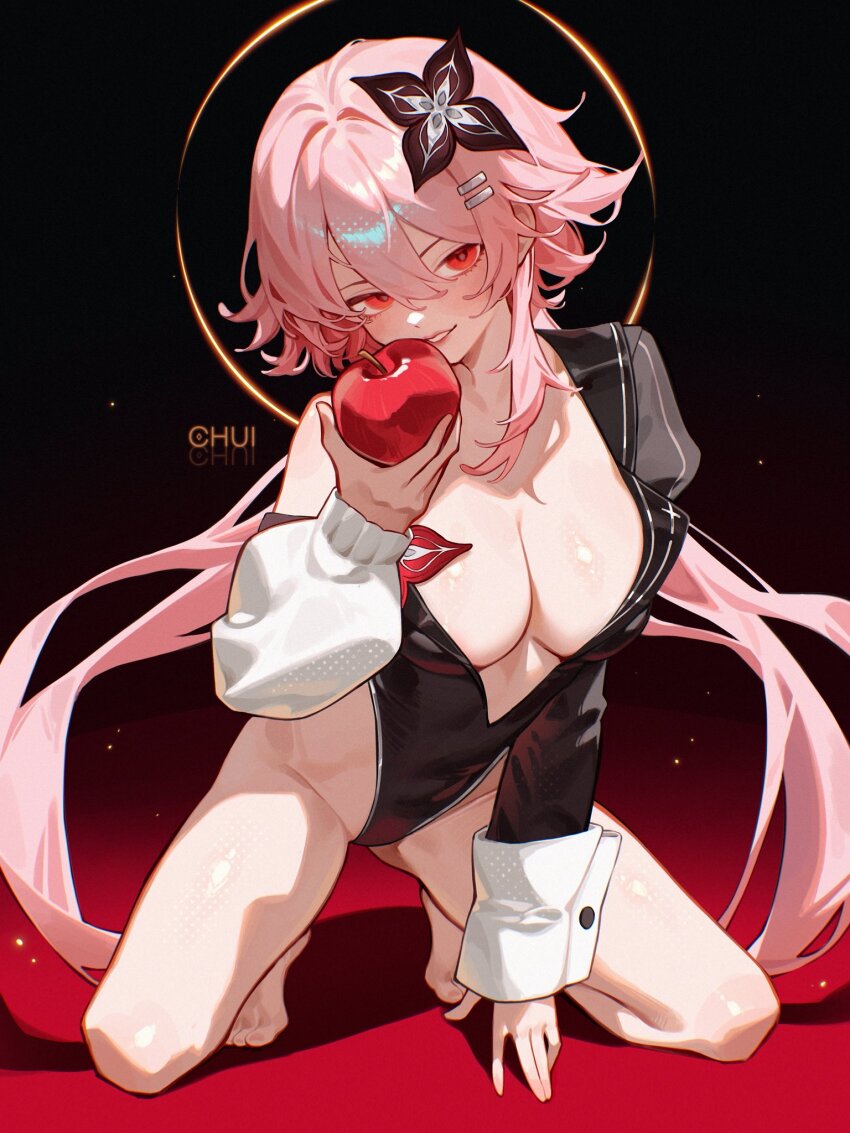 1girl, alternate_costume, black_background, black_flower, black_leotard, breasts, chui_art, commentary, english_commentary, evernight_(honkai:_star_rail), flower, gradient_background, hair_flower, hair_ornament, half-jacket, highres, honkai:_star_rail, honkai_(series), large_breasts, leaning_forward, leotard, light_particles, long_hair, looking_at_viewer, march_7th_(honkai:_star_rail), parted_lips, pink_hair, red_background, red_eyes, solo, squatting, wrist_cuffs