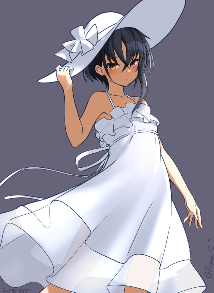 1girl, asymmetrical_hair, black_hair, brown_eyes, cosplay, dress, feet_out_of_frame, frilled_dress