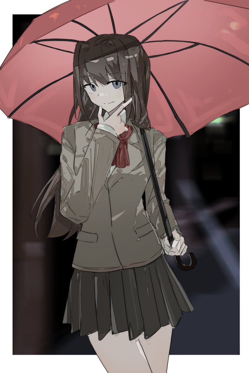 1girl, aozaki_aoko, black_skirt, brown_hair, dongxunyu, grey_eyes, highres, holding