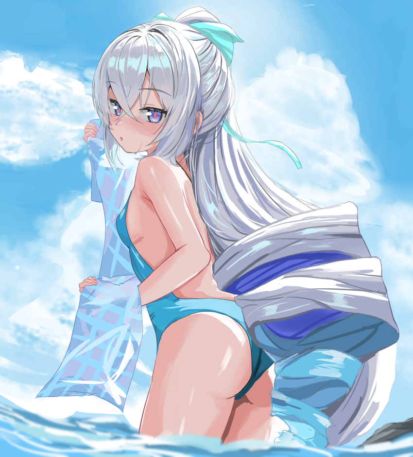 1girl, absurdres, blue_one-piece_swimsuit, blue_sky, breasts, bronya_zaychik, bronya_zaychik_(herrscher_of_truth), bronya_zaychik_(summer_2023)