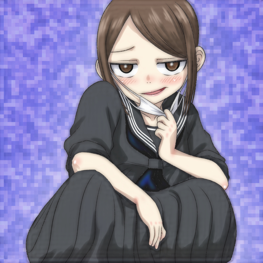 1girl, black_shirt, black_skirt, blue_background, blue_neckerchief, blush, brown_eyes, brown_hair