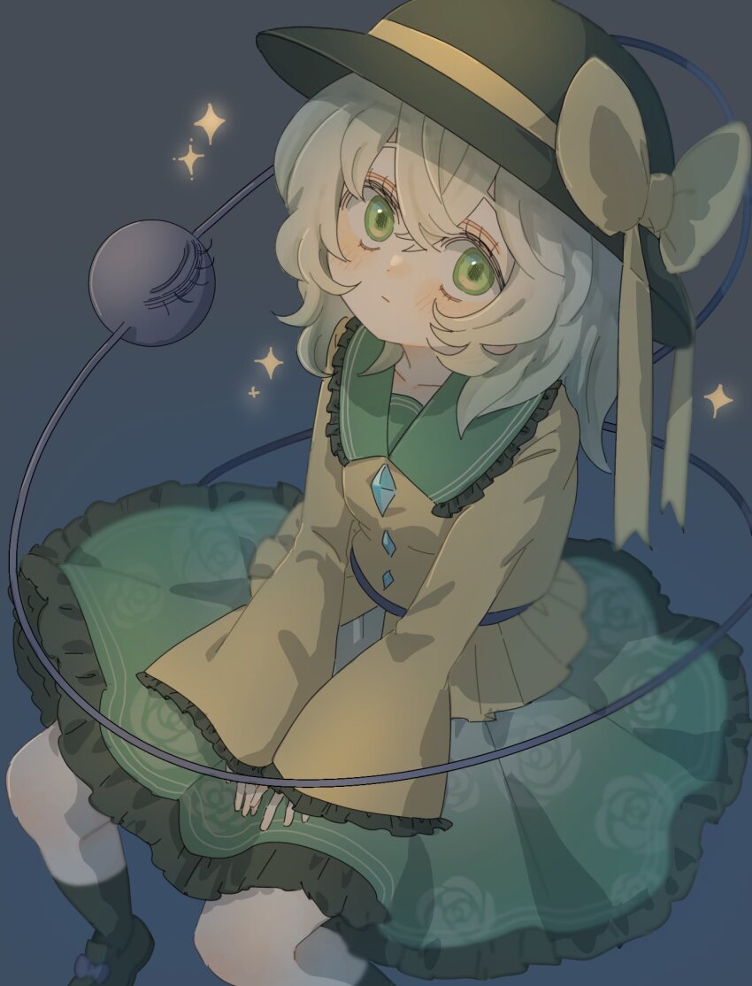 1girl, black_hat, black_socks, blue_background, bow, collar, collarbone, crossed_bangs