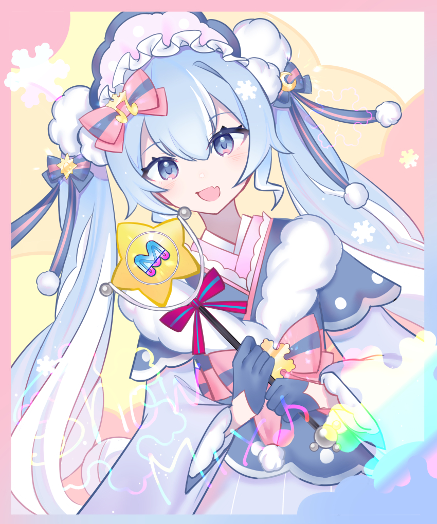 1girl, absurdres, aqua_eyes, aqua_hair, blue_gloves, blue_kimono, bow, crescent, crescent_hair_ornament, fur-trimmed_kimono, fur_trim, gloves, hair_between_eyes, hair_bow, hair_ornament, hatsune_miku, highres, holding, holding_wand, japanese_clothes, kimono, long_hair, long_sleeves, monitaros_393, official_alternate_costume, official_alternate_hairstyle, open_mouth, pink_kimono, pom_pom_(clothes), smile, snowflakes, solo, sun_hair_ornament, twintails, very_long_hair, vocaloid, wand, wide_sleeves, yuki_miku, yuki_miku_(2023)