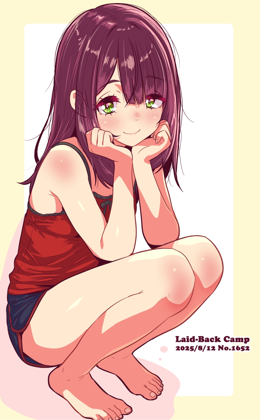 1girl, bare_arms, bare_legs, barefoot, black_shorts, blush, closed_mouth, dolphin_shorts, elbows_on_thighs, full_body, green_eyes, hair_between_eyes, head_rest, highres, jagi_(jagi_souken), long_hair, looking_at_viewer, nose_blush, purple_hair, red_shirt, shiny_skin, shirt, short_shorts, shorts, sleeveless, sleeveless_shirt, smile, solo, squatting, straight_hair, toki_ayano, yurucamp