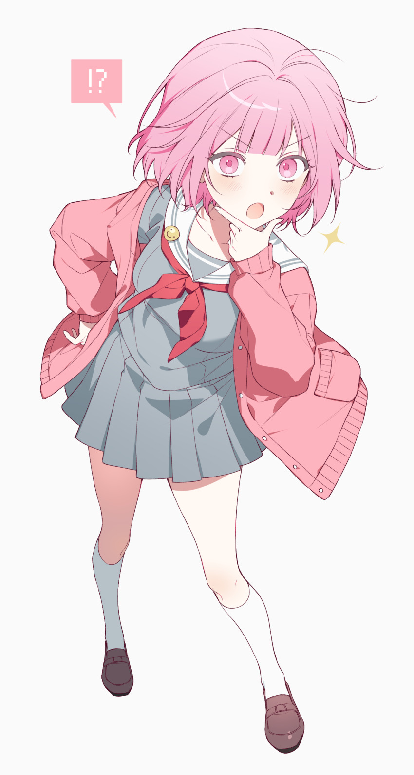 1girl, :o, absurdres, blush, cardigan, commentary_request, diml1ght, full_body, grey_background, grey_skirt, hand_on_own_chin, hand_on_own_hip, highres, kneehighs, l_hand, loafers, long_sleeves, looking_at_viewer, neckerchief, ootori_emu, open_cardigan, open_clothes, open_mouth, pink_cardigan, pink_eyes, pink_hair, pleated_skirt, project_sekai, red_neckerchief, sailor_collar, school_uniform, serafuku, shirt, shoes, short_hair, simple_background, skirt, socks, solo, sparkle, standing, v-shaped_eyebrows, white_background, white_sailor_collar, white_socks