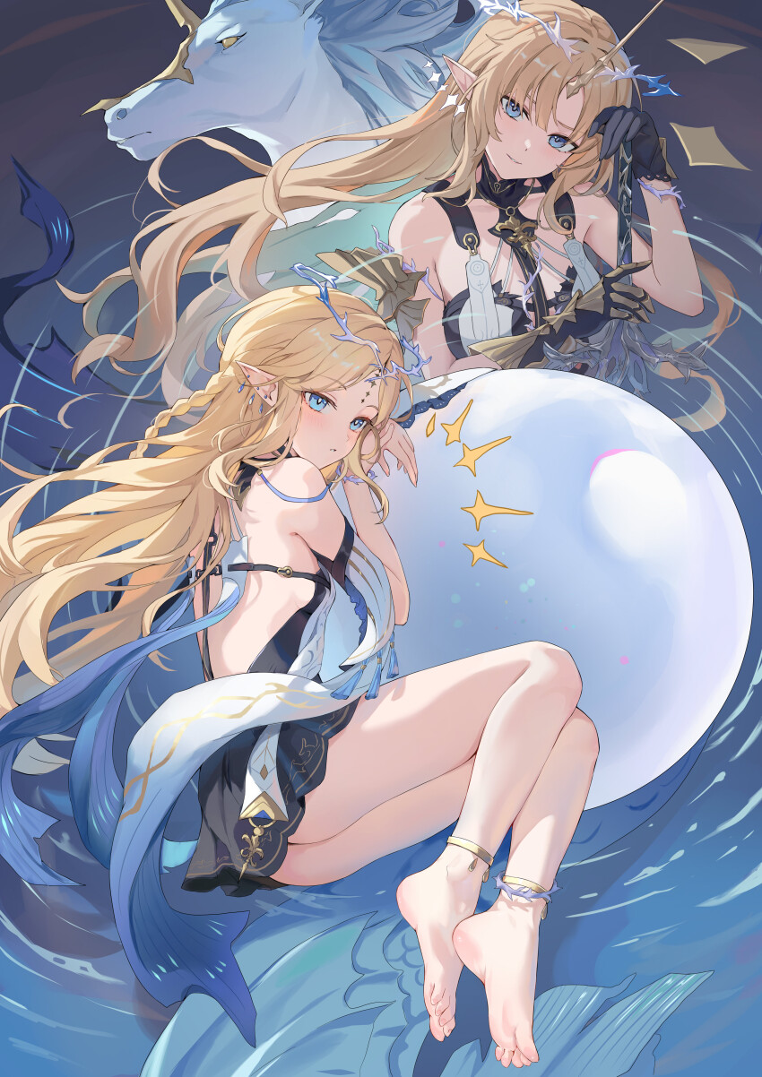 2girls, absurdres, ass, back, bare_legs, bare_shoulders, barefoot, black_dress, blonde_hair, blue_eyes, blue_hair, blush, breasts, cartethyia_(wuthering_waves), colored_inner_hair, commentary, dress, dual_persona, earrings, feet, fleurdelys_(wuthering_waves), highres, hokori_sakuni, holding, holding_sword, holding_weapon, horns, imperator_(wuthering_waves), jewelry, large_breasts, legs, long_hair, long_horns, looking_at_viewer, multicolored_hair, multiple_earrings, multiple_girls, necklace, orb, parted_bangs, parted_lips, pointy_ears, sidelocks, single_horn, small_breasts, smile, sword, tacet_mark_(wuthering_waves), thighs, toes, unicorn, weapon, wuthering_waves, yellow_horns