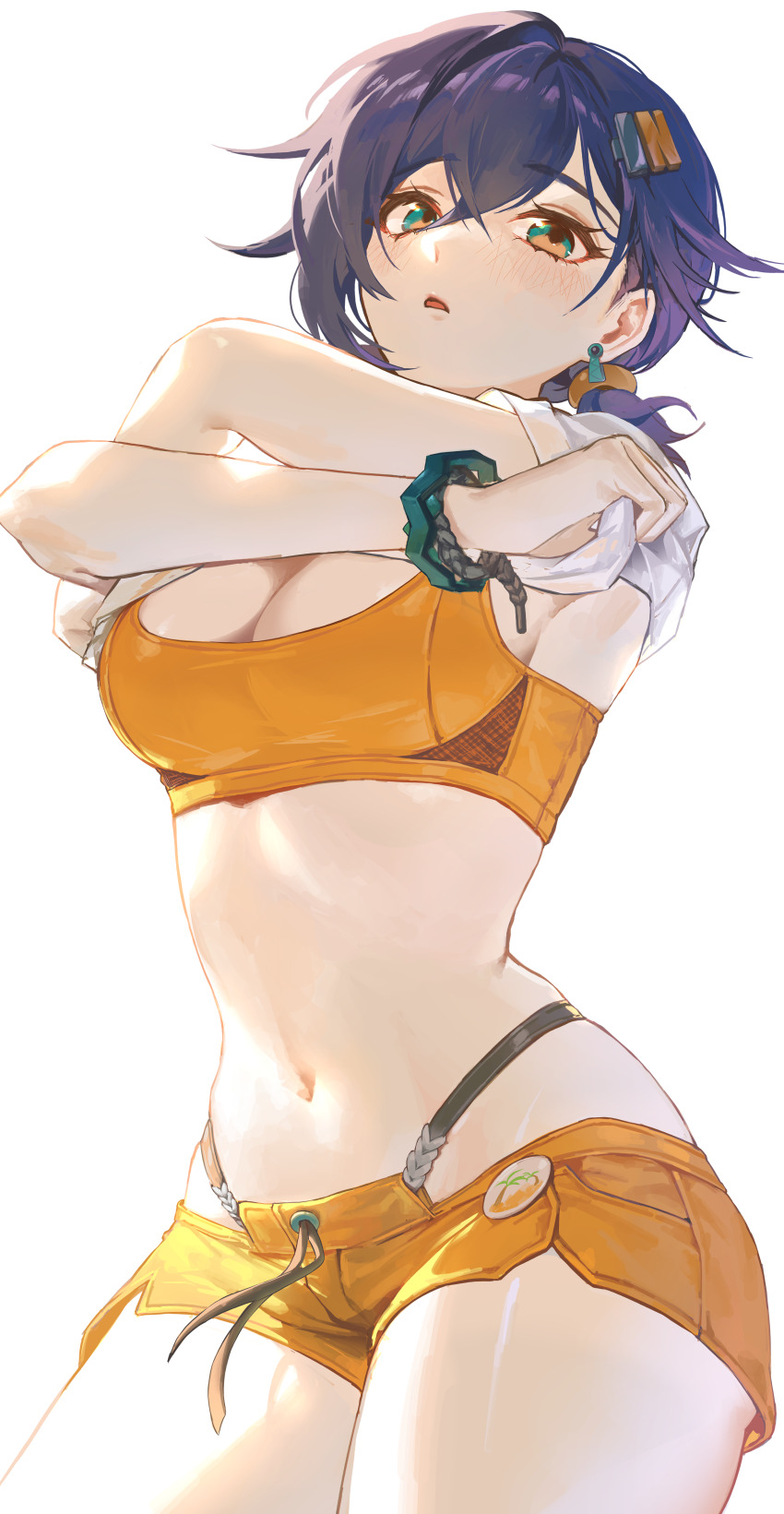 1girl, 2bmm2, absurdres, belle_(summer_skies)_(zenless_zone_zero), belle_(zenless_zone_zero), bikini, blue_hair, blush, bracelet, breasts, cleavage, clothes_lift, commentary, cowboy_shot, green_eyes, highres, jewelry, large_breasts, lifting_own_clothes, looking_at_viewer, navel, missing_headwear, official_alternate_costume, orange_bikini, orange_shorts, parted_lips, shirt, shirt_lift, short_hair, short_shorts, shorts, simple_background, solo, standing, stomach, swimsuit, undressing, white_background, white_shirt, zenless_zone_zero