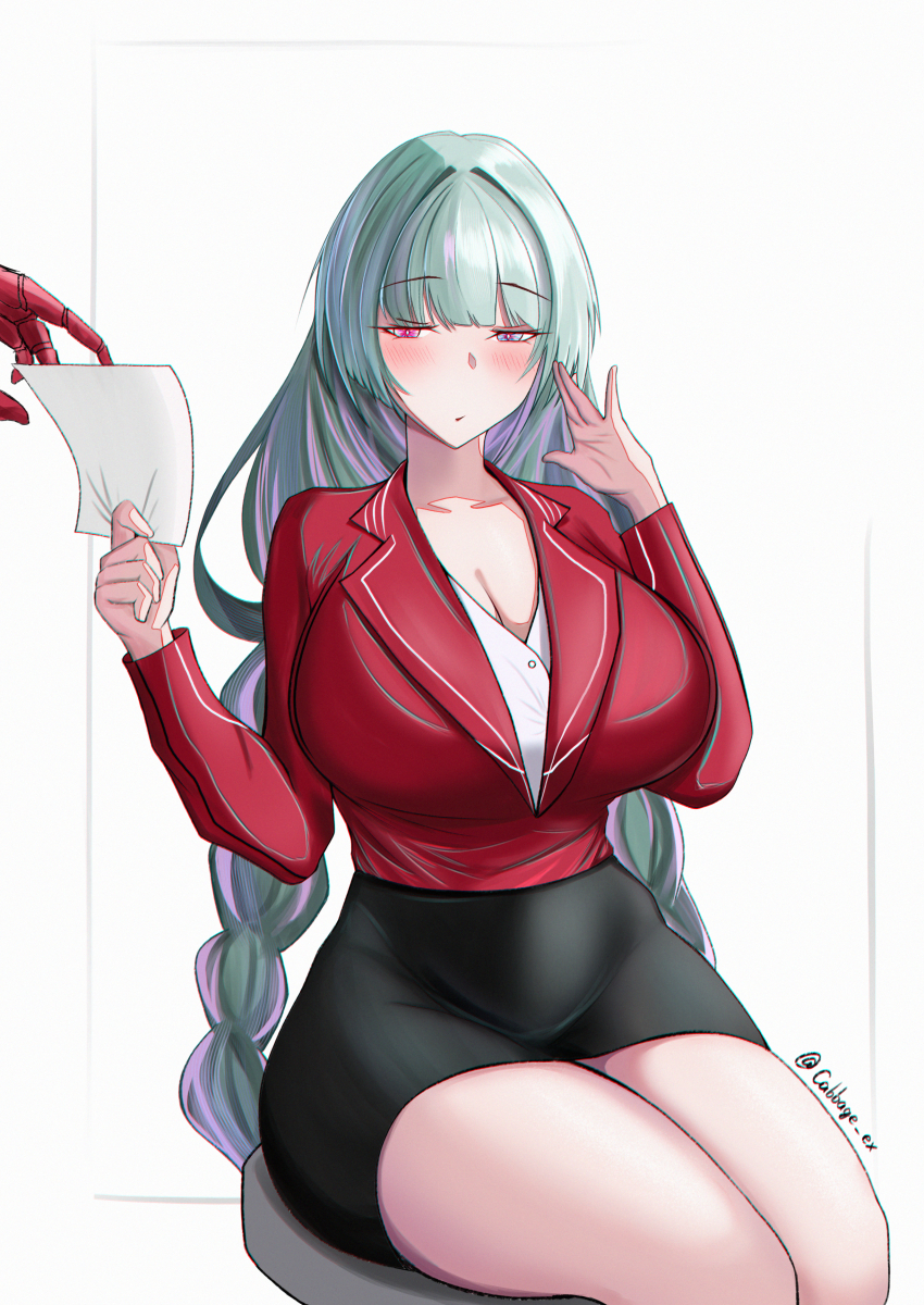 1girl, 1other, absurdres, alternate_costume, black_skirt, blush, braid, breasts, cabbage_ex, cleavage, closed_mouth, collarbone, grey_eyes, grey_hair, hecate_(wuthering_waves), heterochromia, highres, huge_breasts, long_hair, long_sleeves, looking_at_viewer, low-braided_long_hair, low-tied_long_hair, multicolored_hair, office_lady, phrolova_(wuthering_waves), red_eyes, skirt, wuthering_waves