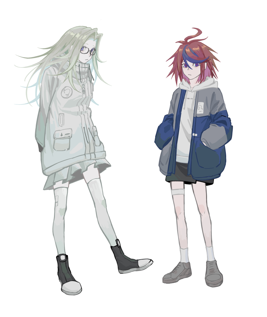 2girls, absurdres, aestro_111, ahoge, aotsuki_eito, black_shoes, black_shorts, blue_eyes