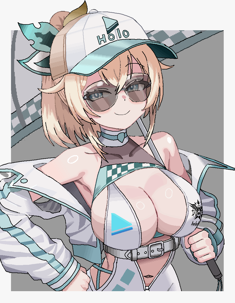1girl, bare_shoulders, baseball_cap, blonde_hair, blue_eyes, breasts, checkered_clothes, checkered_flag