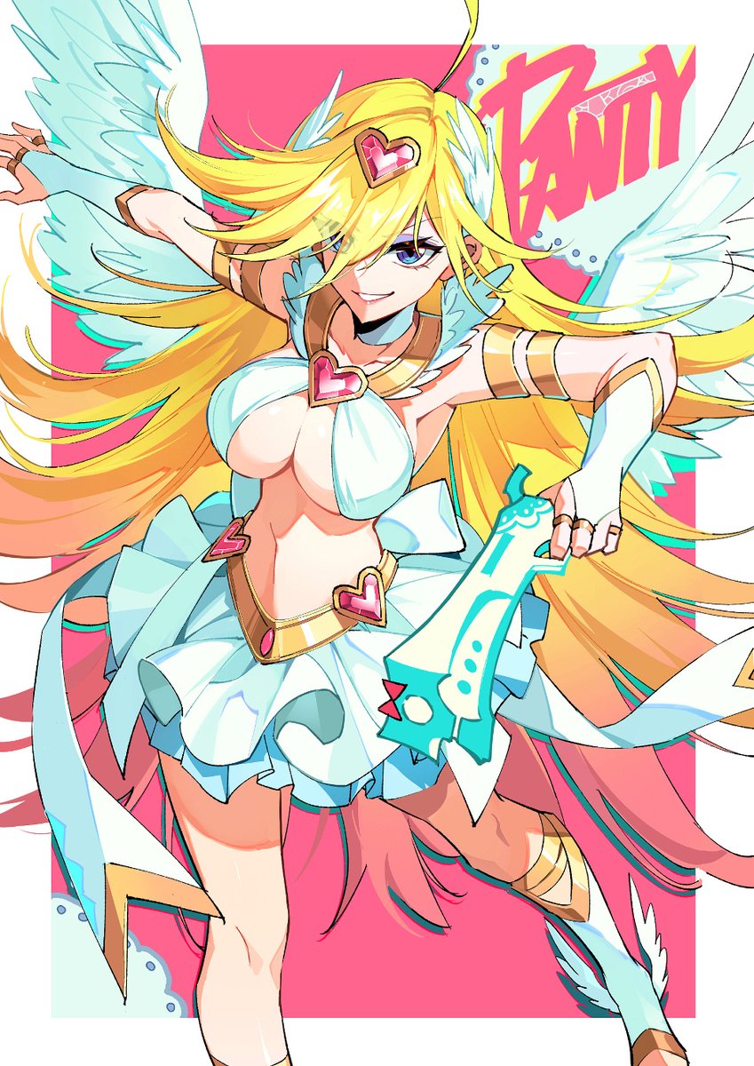 1girl, angel, angel_wings, blonde_hair, blue_eyes, breasts, bridal_gauntlets, character_name