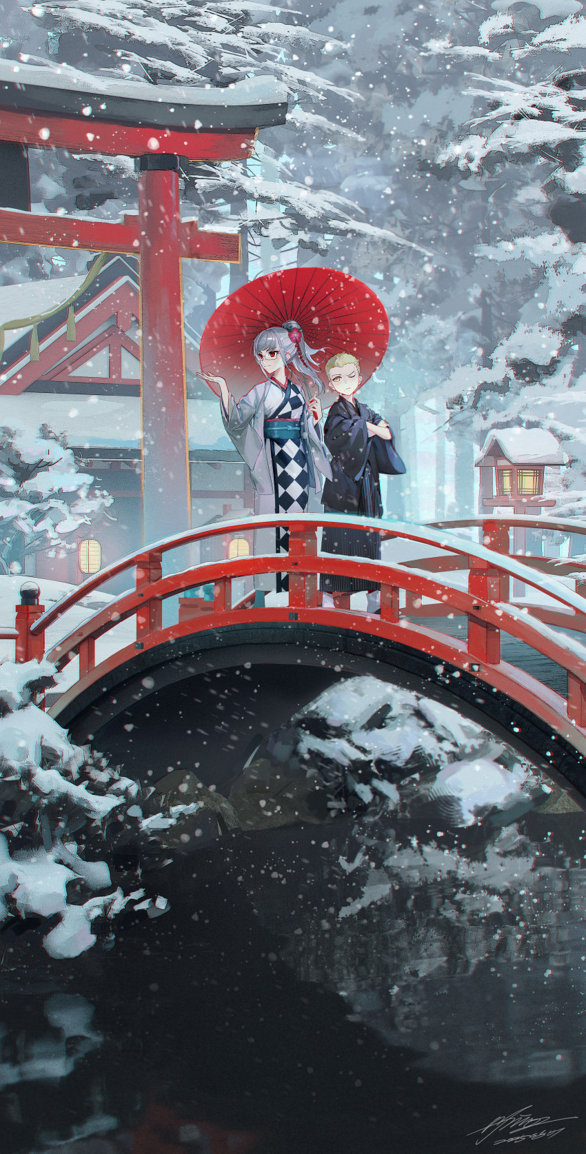 1boy, 1girl, absurdres, aqua_sash, arch_bridge, architecture, black_kimono, blonde_hair