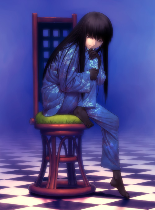 1boy, barefoot, black_hair, chair, checkered_floor, crossdressing, crossdressing_(mtf), dark, ddd, decoration_disorder_disconnection, feet_on_chair, floor, glowing, hugging_own_legs, karyou_kaie, koyama_hirokazu, long_hair, male_focus, pajamas, perspective, sitting, solo, trap, type-moon