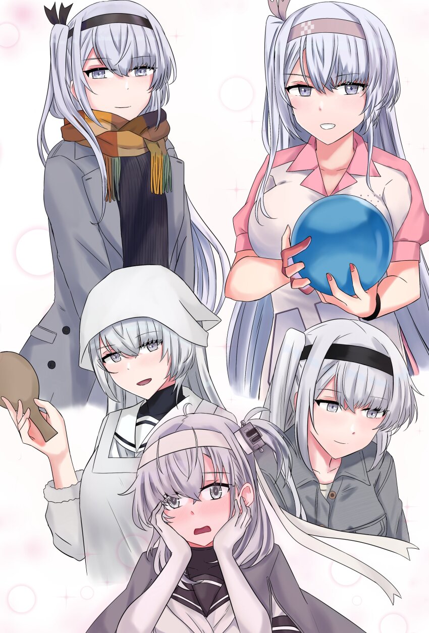 2girls, absurdres, apron, ball, bandana, bowling_ball, elbow_gloves, fuyutsuki_(kancolle)