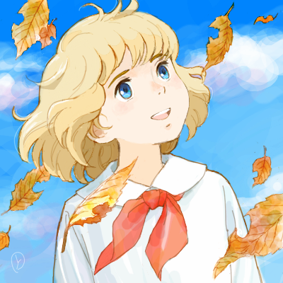 1boy, autumn_leaves, blonde_hair, blue_eyes, blue_sky, cedric_errol, cloud, collared_shirt, commentary_request, falling_leaves, leaf, looking_up, lowres, male_focus, medium_hair, neckerchief, open_mouth, outdoors, red_neckerchief, sakai_yume, shirt, shoukoushi_cedie, signature, sky, smile, solo, teeth, upper_body, upper_teeth_only, white_shirt