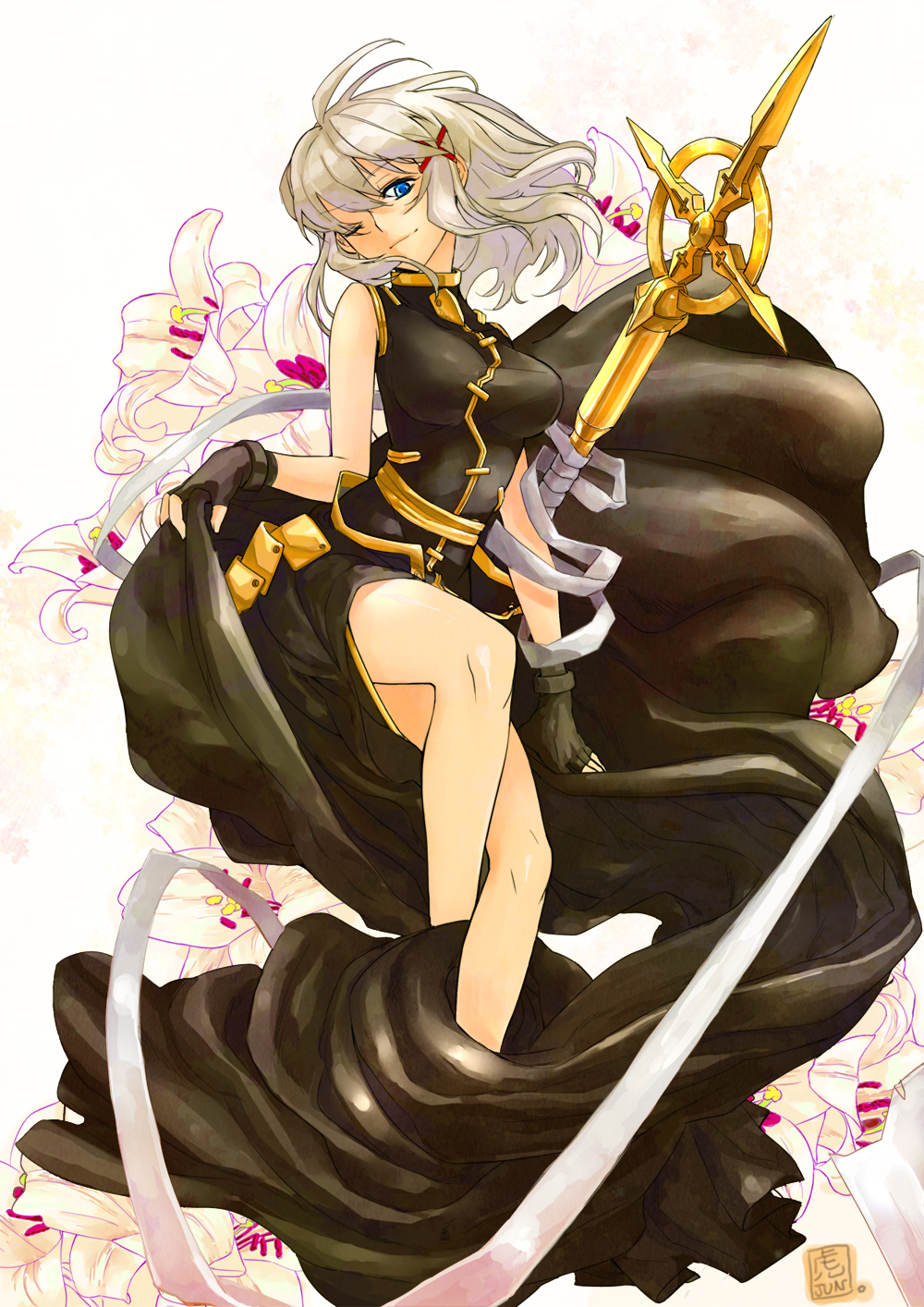 00s, 1girl, blue_eyes, breasts, cross, cross_print, female_focus, fingerless_gloves