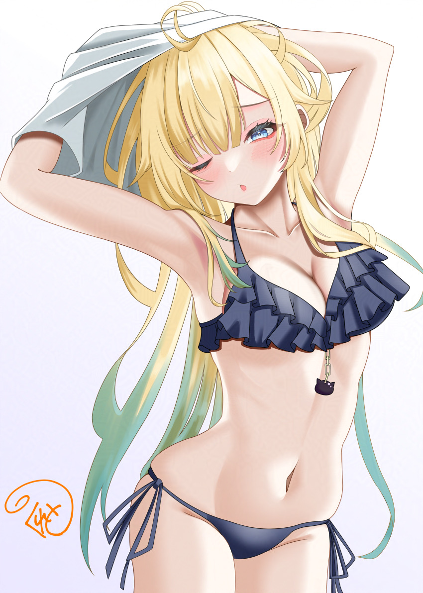 1girl, absurdres, ahoge, aizawa_ema, bikini, blonde_hair, blue_eyes, breasts