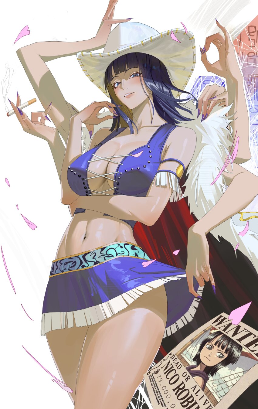 1girl, 2025, absurdres, arm_under_breasts, armlet, bare_shoulders, black_hair, blue_eyes