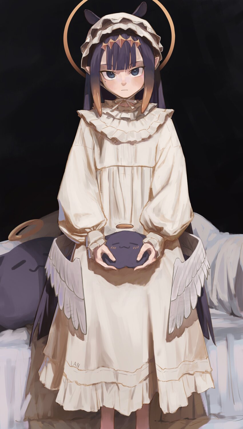 1girl, absurdres, black_background, blue_eyes, closed_mouth, gradient_hair, hairband, hat